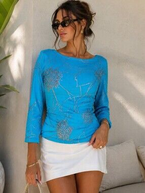 Vintage Caché Turquoise Beaded Floral Top Y2K 3/4 Sleeve Statement Blouse Size S